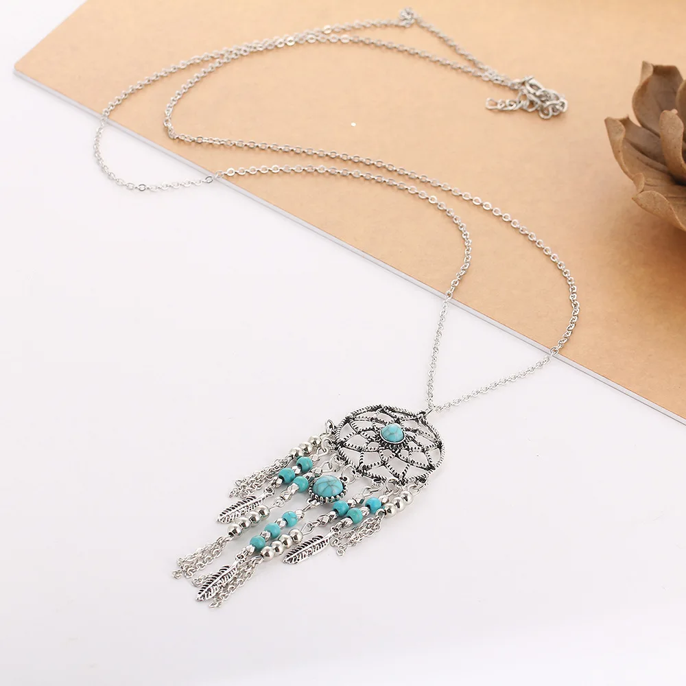 Ожерелья с синими бусинами и перьями кулон в виде Ловец снов серебряный цвет