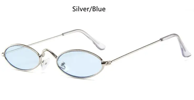silver blue Красные очки, узкие маленькие круглые солнцезащитные очки, винтажные брендовые дизайнерские крошечные металлические оправа с плоскими линзами, овальные очки для мужчин - Цвет линз: silver blue