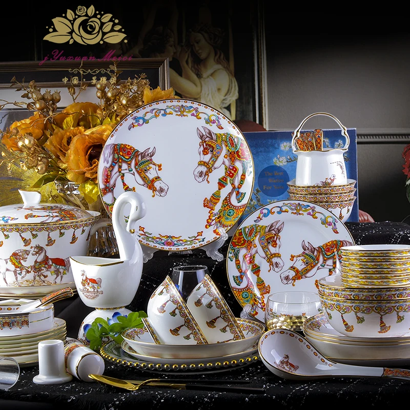Guci European bone china tableware sets 80pieces high-end household bowls luxurious Phnom Penh Jingdezhen gift porcelain | Дом и сад