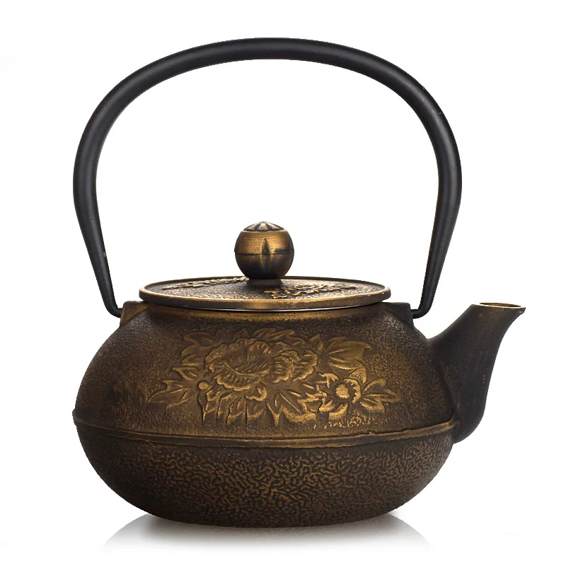 

Japanese Kongfu tea pot peony golden old cast iron pot uncoated liner teapot with strainer water kettle drinkware 0.9L