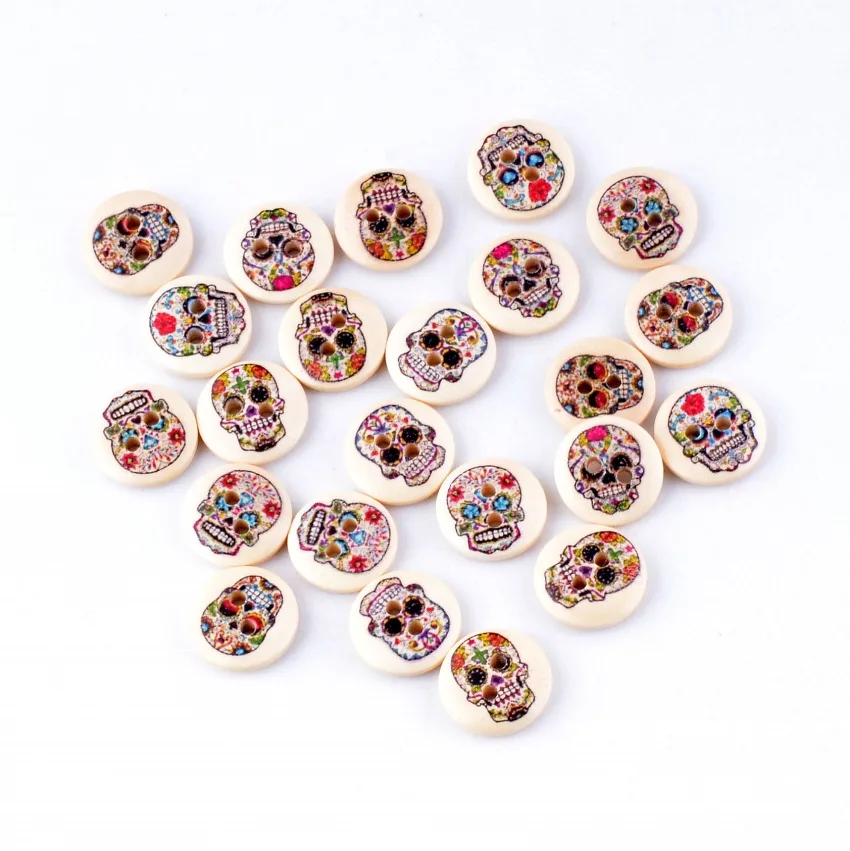 Бесплатная доставка 10 шт Случайные Смешанные 2 отверстия Печать Череп деревянные