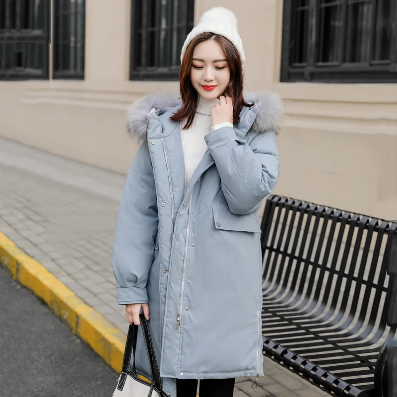 Женская куртка с меховым капюшоном теплая длинная парка в Корейском стиле зима