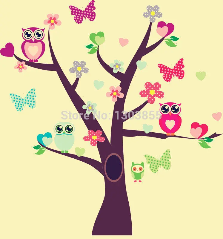 Совы Птицы Цветок Дерево стены стикеры Съемные Виниловые наклейки для детской