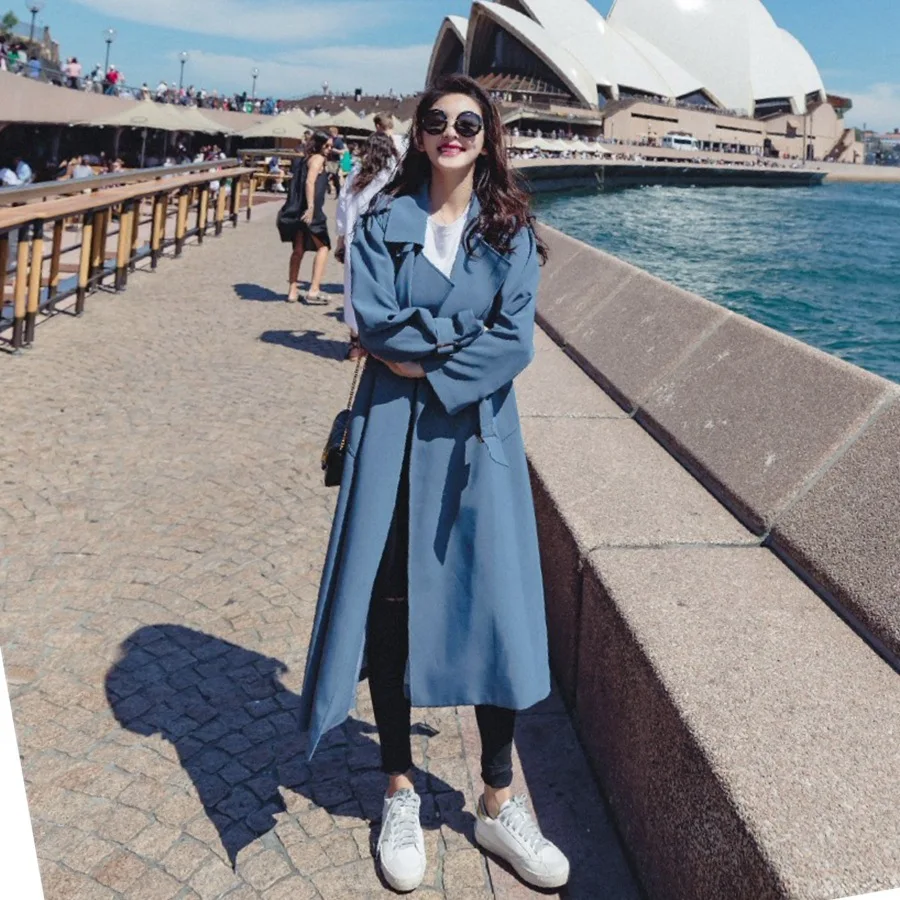 Шикарный стиль Тренч женская одежда осенняя синяя свободная ветровка с поясом