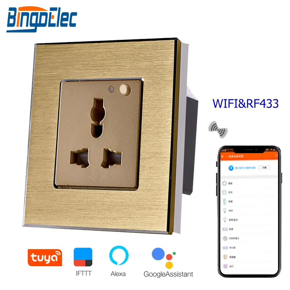 Bingoelec Wi-Fi розетка алюминиевая рама 13A RF 433 пульт дистанционного управления настенная розетка стандарт Великобритании умный дом автоматизация управления через приложение Tuya