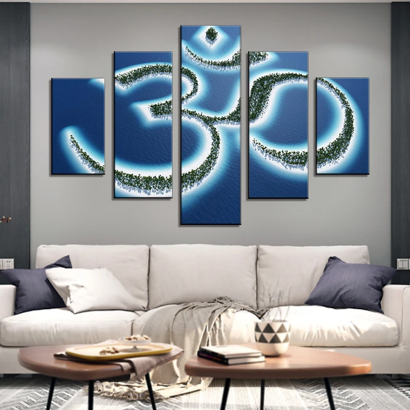 Слог Aum картины Buddism символ искусства Giclee 5 панель индический текст настенная