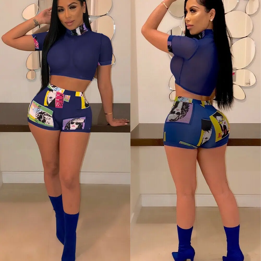 

Women Girl Mesh Tops Short Sleeve Transparent T-Shirt Blouse Tee + Shorts Mini Short Trousers Two Piece Set Women Slim Tracksuit