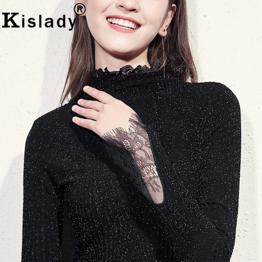 Kislady Новинка Весна Осень Элегантная блестящая шелковая футболка кружевная Лоскутная Женская футболка с длинным рукавом Топы размера плюс Корейская одежда XXXL