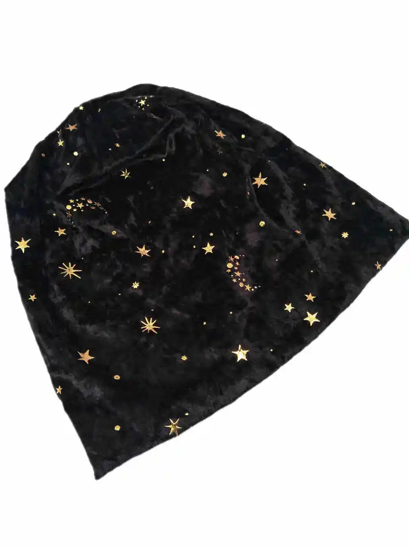 

B188011 Новая эластичная модная бархатная шапка с золотыми звездами и луной, удобная мягкая шапка