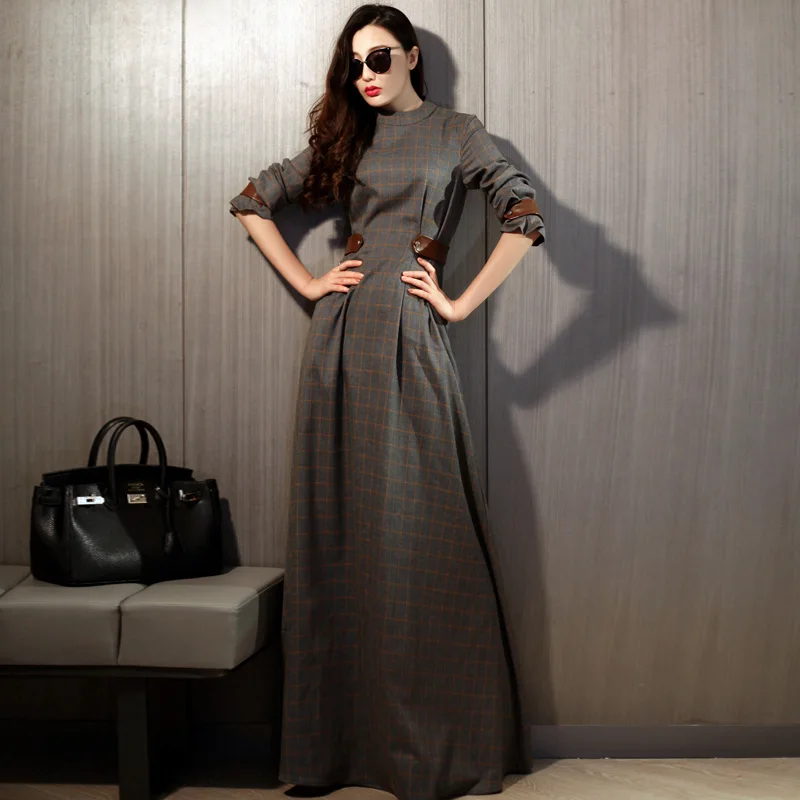 Женское клетчатое платье в пол длинное с длинным рукавом и высокой талией весна
