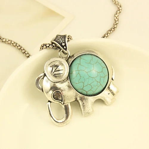 Cute chain Elephant pendant necklace vintage blue Color Stone for women sweater necklaces stone jewelry nke-h94 | Украшения и