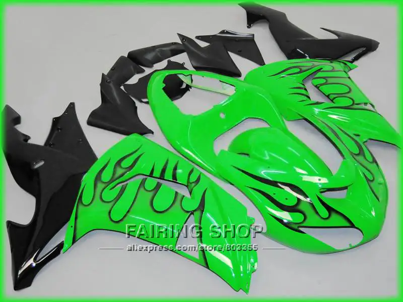 Fit ZX10r Fairings For Kawasaki Ninja 2006 2007 *06 07 Green black flames Fairing kit EMS free x156 | Автомобили и мотоциклы