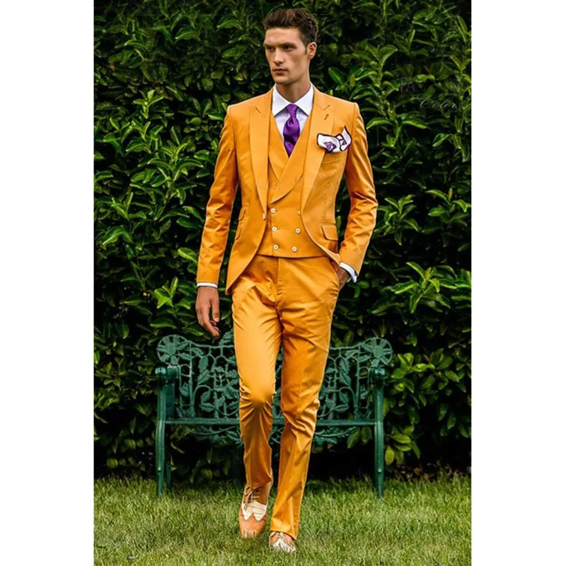 2018 желтый двубортный жилет мужской костюм Slim Fit 3 предмета итальянский смокинг