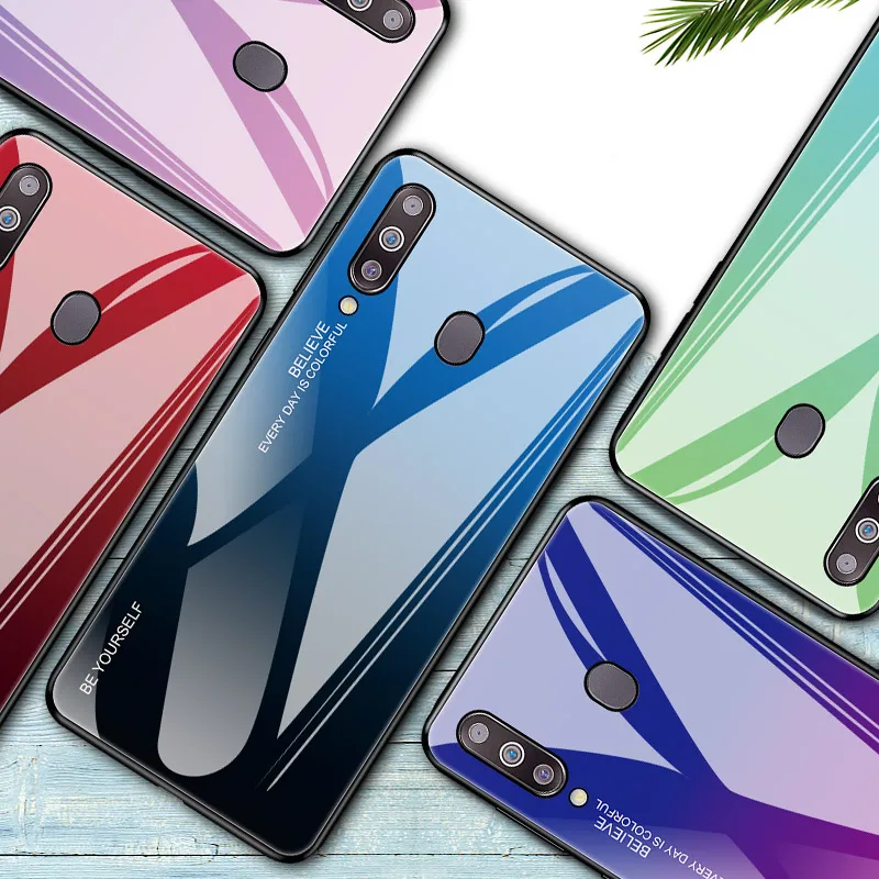 Градиентный чехол из закаленного стекла для телефона для samsung Galaxy A10 A20 A20E A30 A50 A70 M10 M20 M30 S10 S10e плюс ударные Красочная обложка