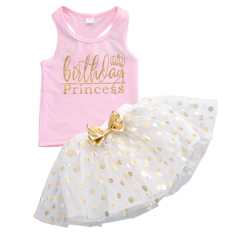 

Baby Girls Clothing Suits White Birthday Princess Vest Tops+Tulle Dot Bow Skirt 2pcs Bebe Girls Clothes Sets