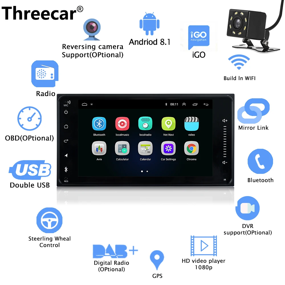 8 cam 2 DIN Универсальный Android 8,0 автомобильный dvd-плеер с gps-навигация, радио, стерео для Toyota Corolla авто радио мультимедиа 1024*600 - Цвет: 8 cam
