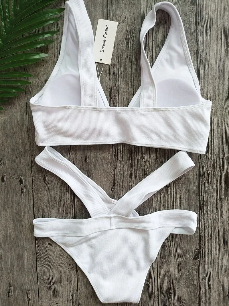 Бонни лес сексуальный из двух частей комплект бикини белый Push Up High Cut Out Купальник