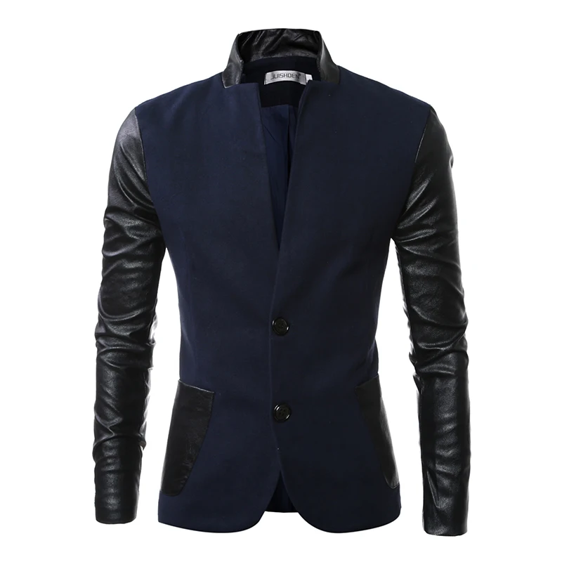 

New Sale Autumn Stand Collar Casual Jackets PU Leather Sleeve Jacket Men Bomber Jackets And Coats