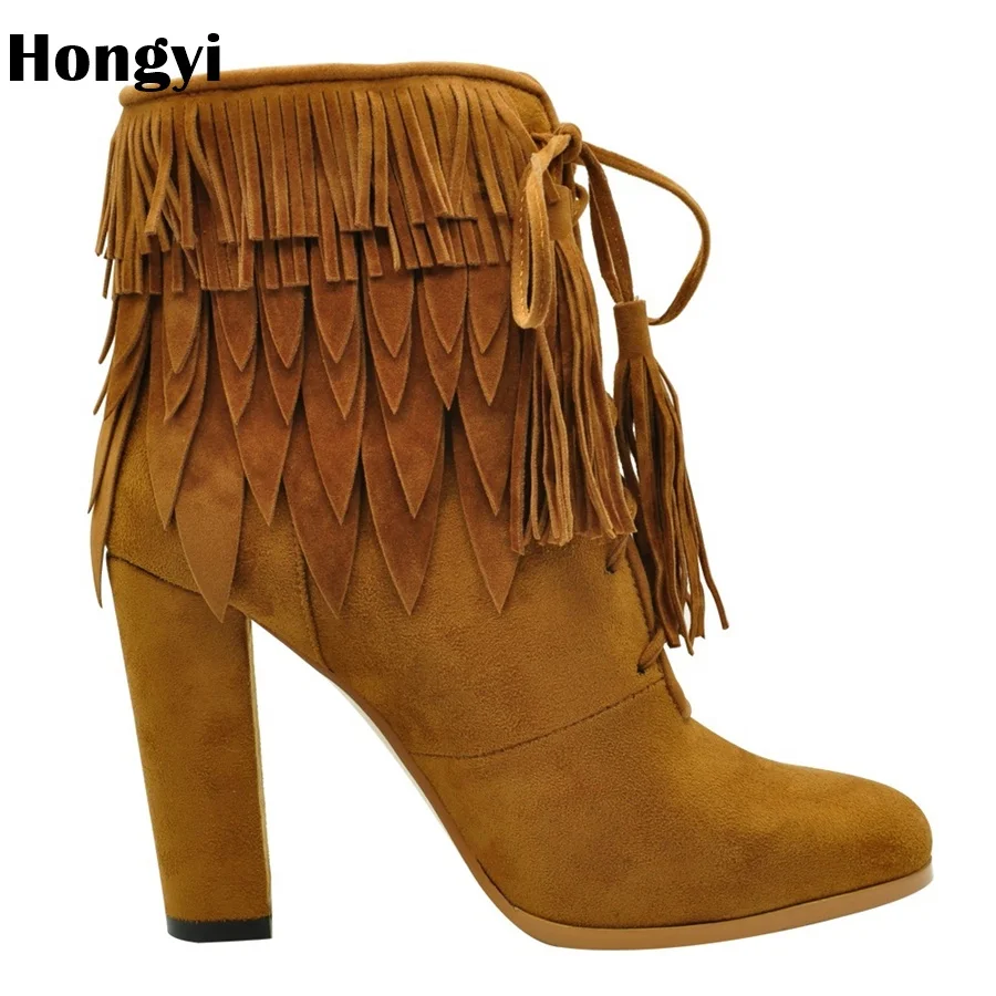 

Hongyi Retro Fringe Boots Flock Chunky Feather Women winter warm Akle Short Boots Tassels Big Size Shoes EUR 35-43