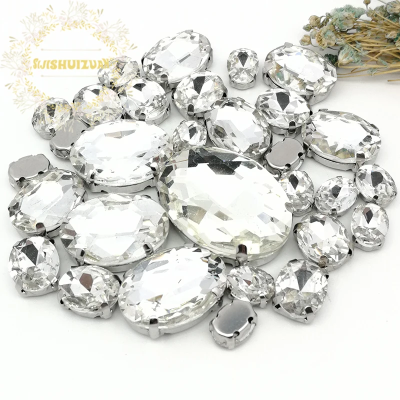

Silver Claw Setting 30pcs/Bag White Oval Shapes Mix Clear Gass Crystal Sew On Rhinestone Wedding Dress Shoes Bag Diy Trim