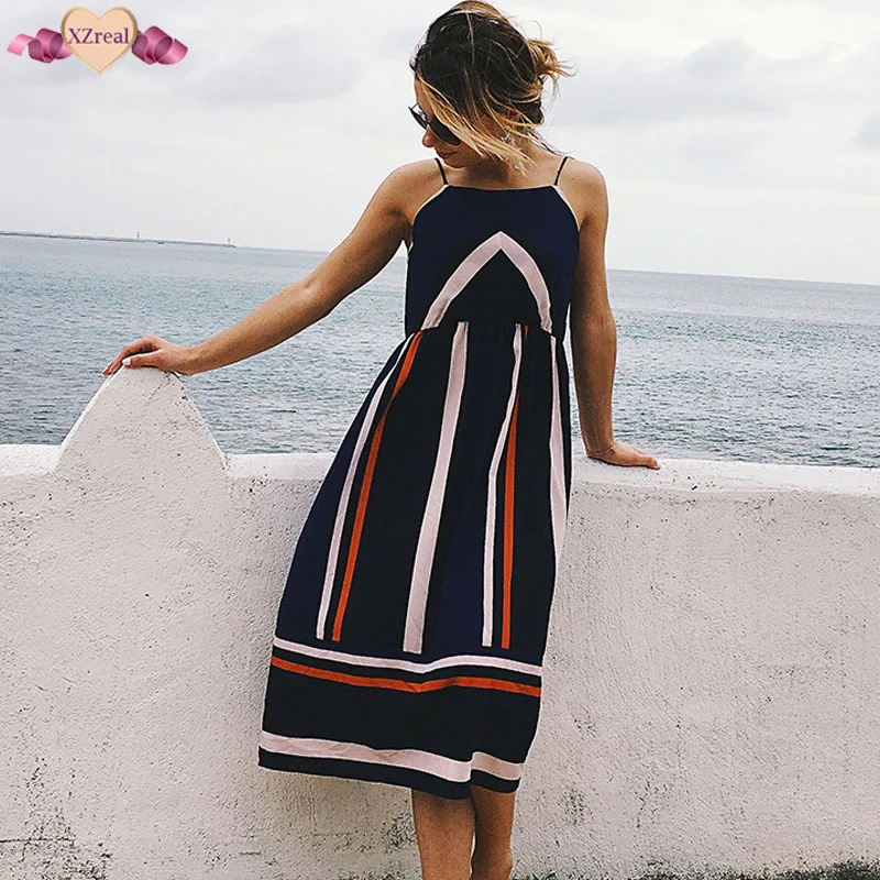 Boho в полоску пляжное платье Для женщин летний длинный сарафан на бретелях