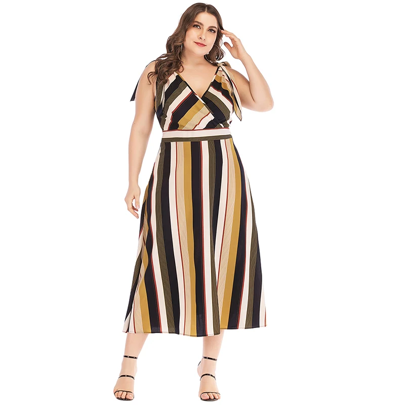 Женское шифоновое платье в полоску без рукавов с v-образным вырезом Элегантное