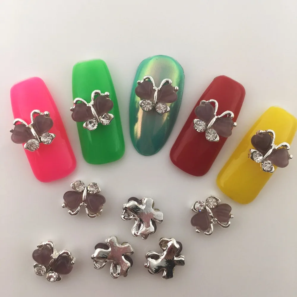 

LEAMX 10pcs New Fashion butterfly Alloy Nail Art Rhinestone Silver stick Nail Jewelry shine DIY Styling Tool Nail Decoration