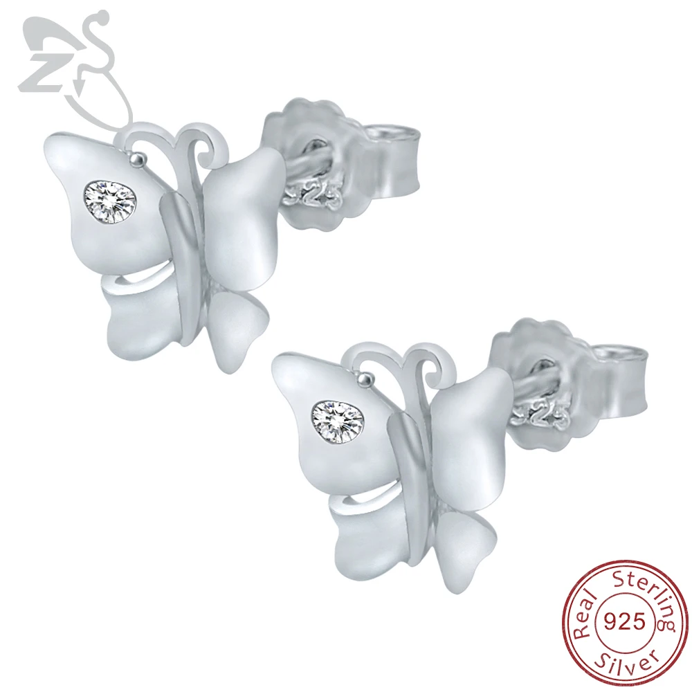 ZS 925 Sterling Silver Butterfly Earrings with Clear Crystal Stud Cute for Girls Kids Animal Oorbellen Jewelry | Украшения и