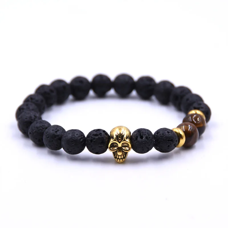 Браслет HYHONEY мужской с бусинами 8 мм бронзовый черепом черная лава скала