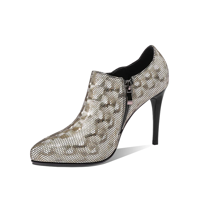 Женские туфли лодочки на высоком каблуке ISNOM кожаные молнии с острым носком