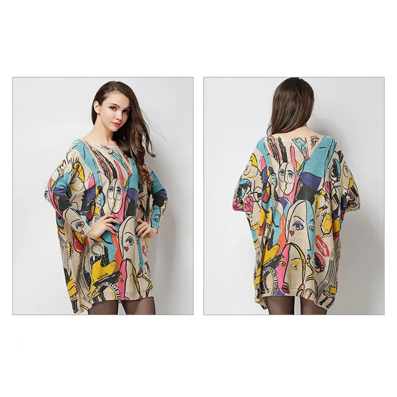 XIKOI Pullover Women Sweaters Printing Slash Long Loose Jacket Clothes Computer Knitted Casual Smiley Spring Autumn Trend | Женская