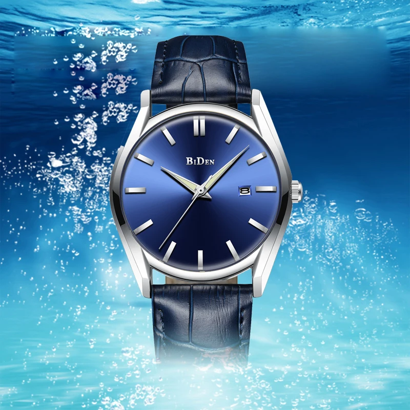 BIDEN Men Watch Waterproof Military Army Sport Man Clock Top Brand Luxury Blue Genuine Leather Quartz Wrist Mens Watches | Наручные часы