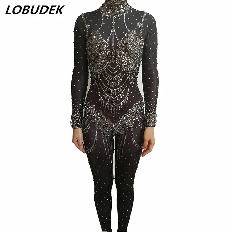 

Блестящий серый стразы, Облегающий комбинезон, высококачественные стеклянные кристаллы, Стрейчевые боди, для ночного клуба, яркая одежда, к...