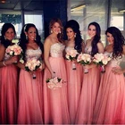 Новые длинные платья подружки невесты с блестками и бисером, Драпированное шифоновое платье подружки невесты для свадебной вечеринки персикового цвета
