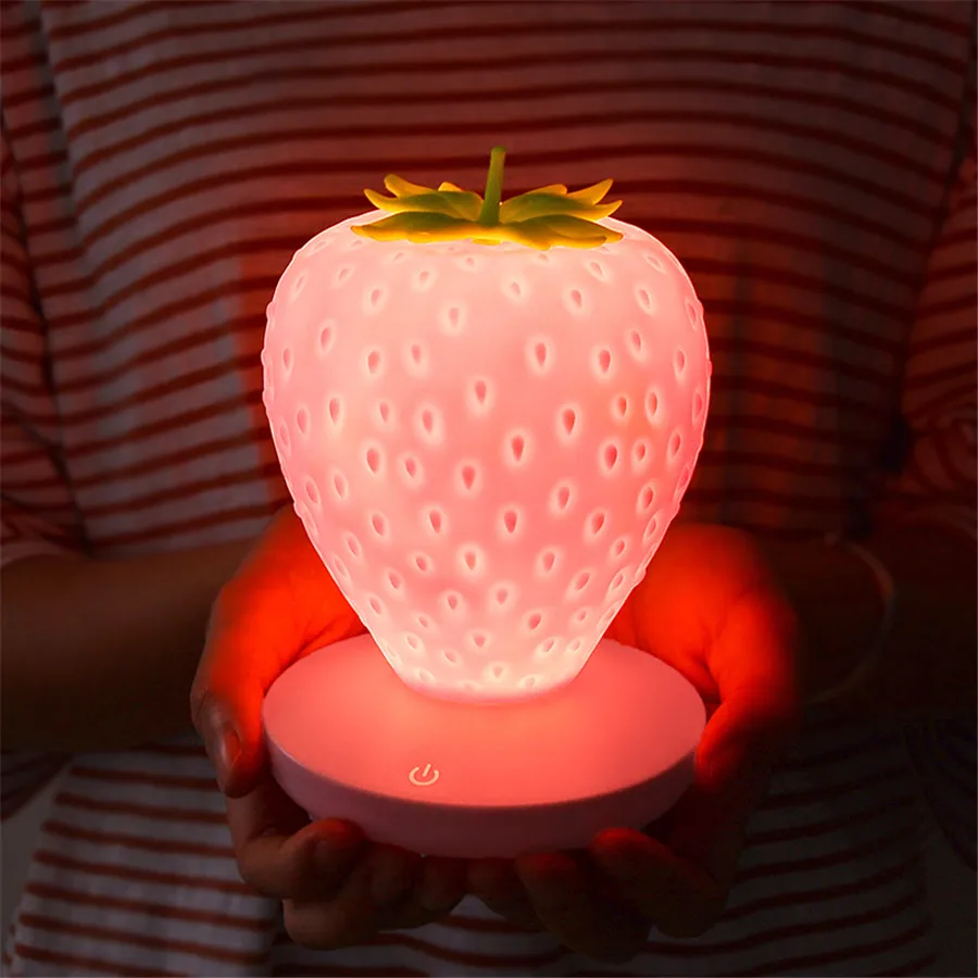 

3 Colors Strawberry Night Light USB Rechargeable Silicone Soft Table Lamp Cartoon Touch Sensor Desk Lights Bedroom Baby Lamps