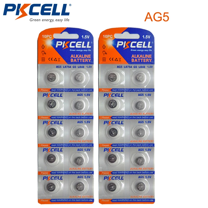 20 шт/2 карты PKCELL AG5 1 5 V батарея 393 SR754W SR48 Щелочная монетная кнопка батареи для