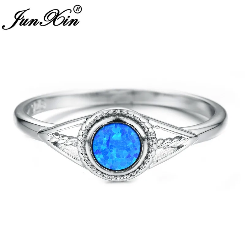 Blue Opal Ring JUNXIN, 925 пробы, серебряное, фиолетовое/синее/белое, огненный опал, кольца для женщин, круглый камень, радуга, сглаза, обручальное кольцо - Цвет основного камня: Blue Opal Ring