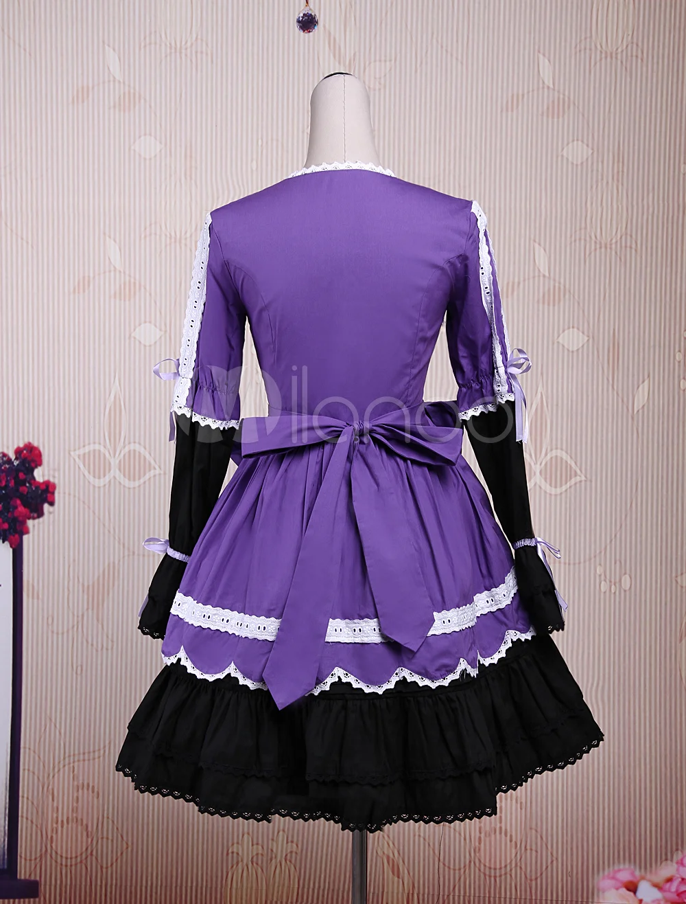 

Cute Lace Up Cotton Dark Purple and Black Gothic Lolita Dress