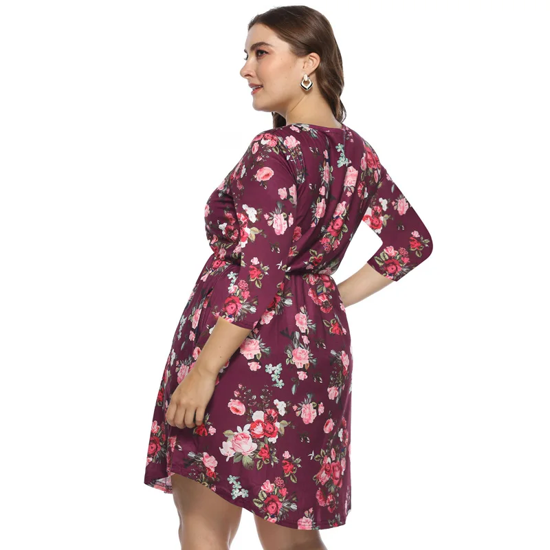 Plus Size Floral Print Tunic Women Dress Three Quarter Sleeve Autumn Summer Elegant Vocation 4XL Party Mini Dresses | Женская одежда