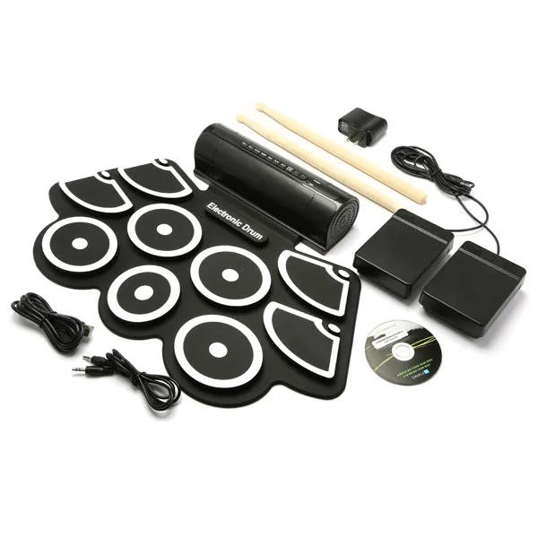 Portable 9 Pads Silicon Electronic Roll Up Drum Support MIDI Game With Sticks Pedals