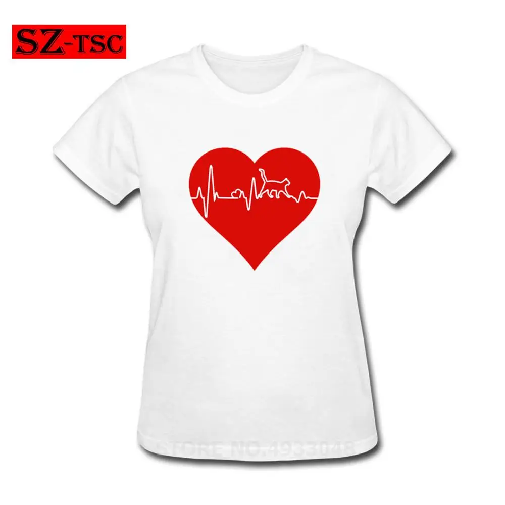 Женские футболки с принтом Love Cat Heartbeat повседневные хлопковые круглым вырезом и