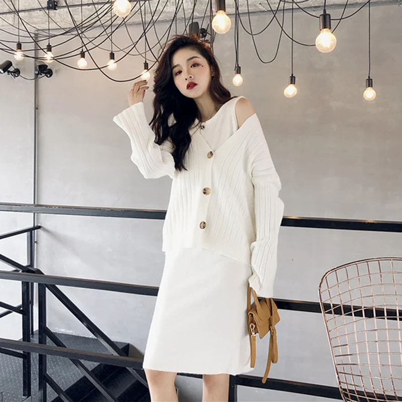 Осенне зимний Повседневный вязаный комплект из 2 предметов однобортный Кардиган