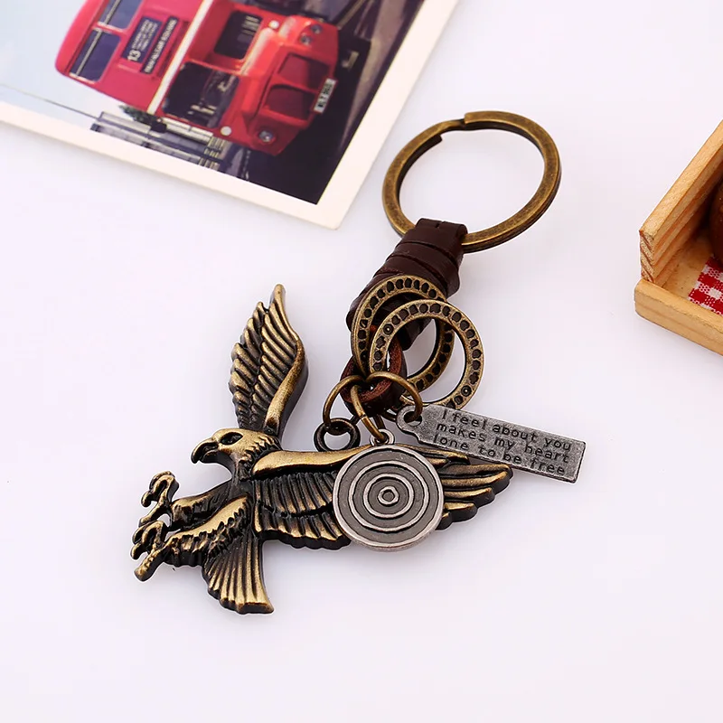 Punk Art Genuine Leather Cut Out Men Women Keychain Bag Pendant Alloy Eagle Car Key Chain Ring Holder Jewelry Cartoon | Украшения и