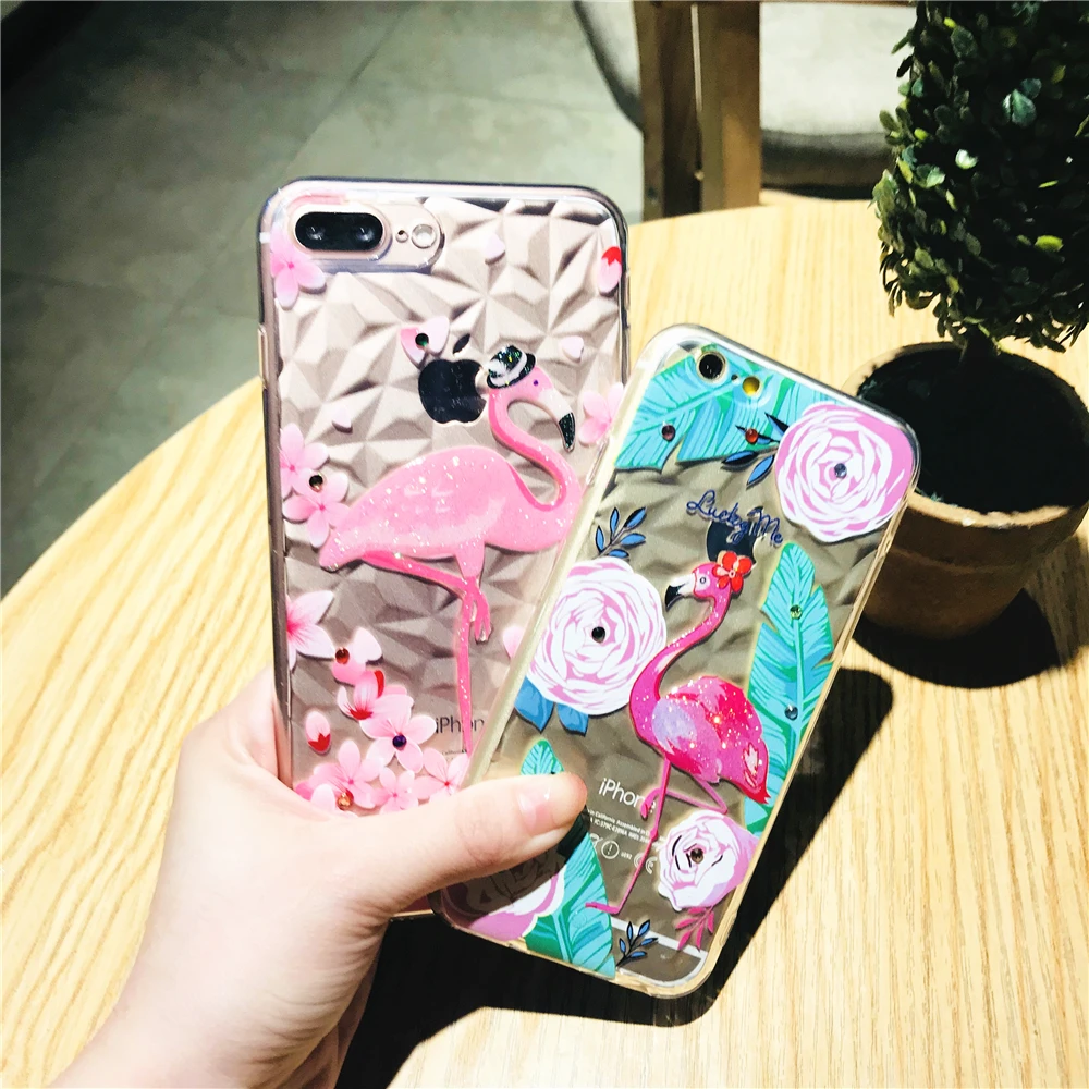 Cases For Iphone 7 Cute Cartoon Flamingos 3D Pattern Phone Case 6 6s 8 Plus X Transparent Diamond Soft TPU Coque Capa |
