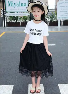 Black Изысканные наряды для девочек; комплект детской одежды; летняя одежда для малышей; футболка+ кружевная юбка; От 6 до 15 лет - Цвет: Black