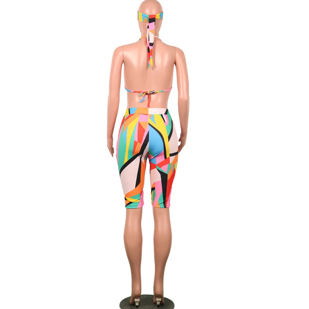 Sexy Rainbow Print Women Yoga Sport Set Fashion Head Scarf+V Neck Sleeveless Strap Top+Bandage Short Summer 3 Piece | Спорт и