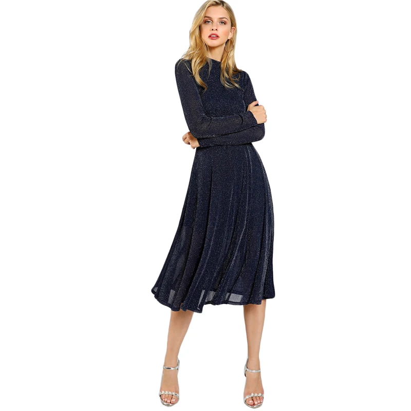 SHEIN Элегантное Платье С Блестками И Длинным Рукавом, Демисезонное Длинное Миди Платье