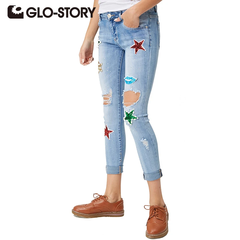 Женские джинсы 2018 узкие модные рваные женские с дырками вышитые цветные