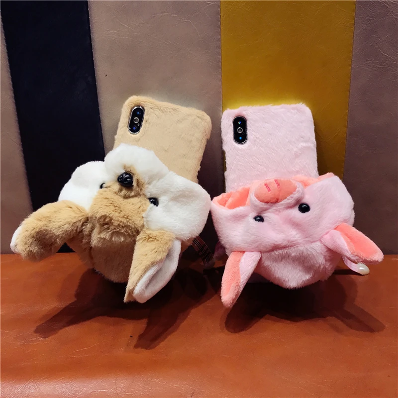 Pig Dog Hat Fur Case For iPhone XS Max XR 6S 7 8 Plus Girl Style Winter Warm Cute Cover X 10 6 Accessory |