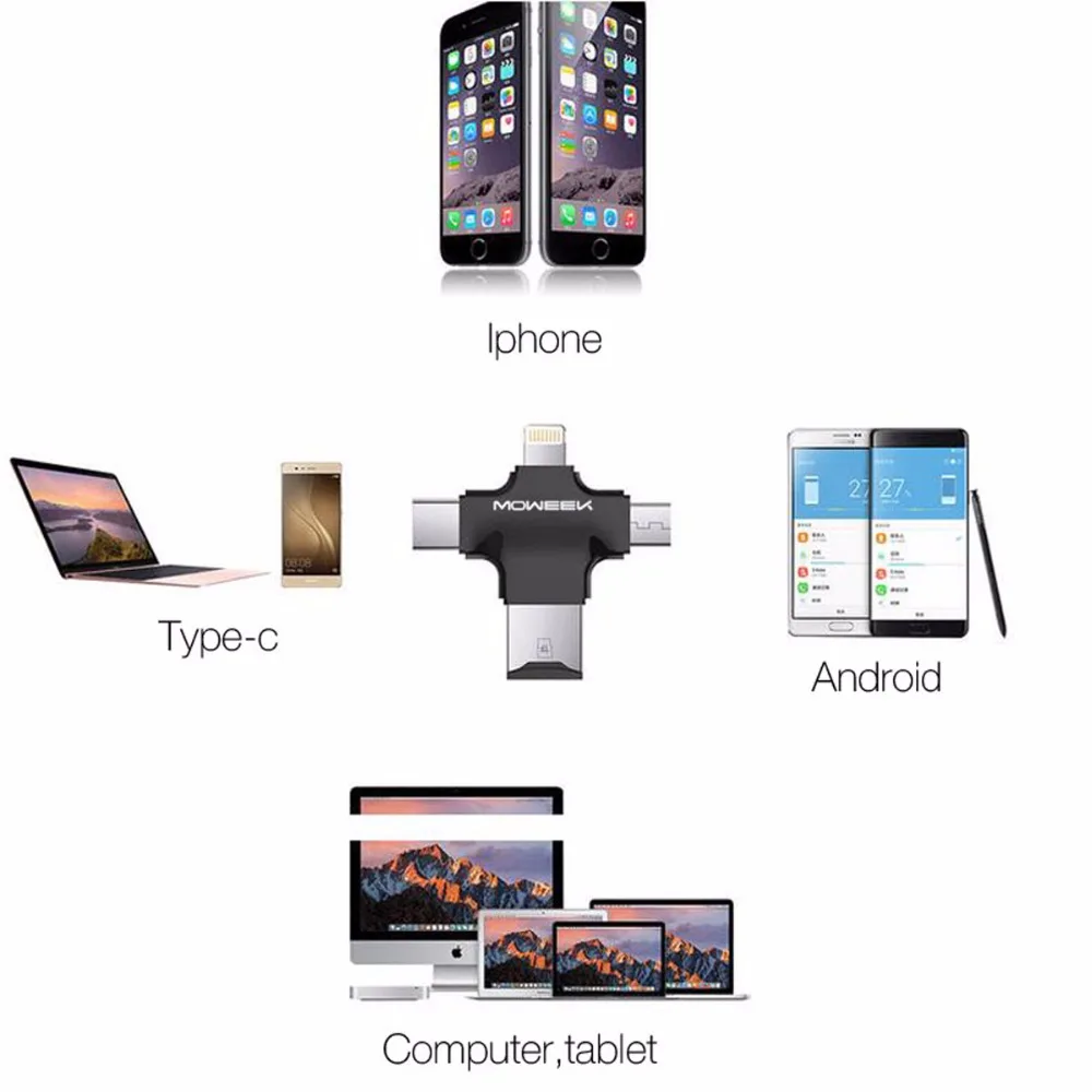 Moweek мульти Функция 4 в 1 кард ридер Тип c/Lightning/Micro USB/USB 2 0 все Micro SD для iPhone 5/5S/6/6 plus/6s|all